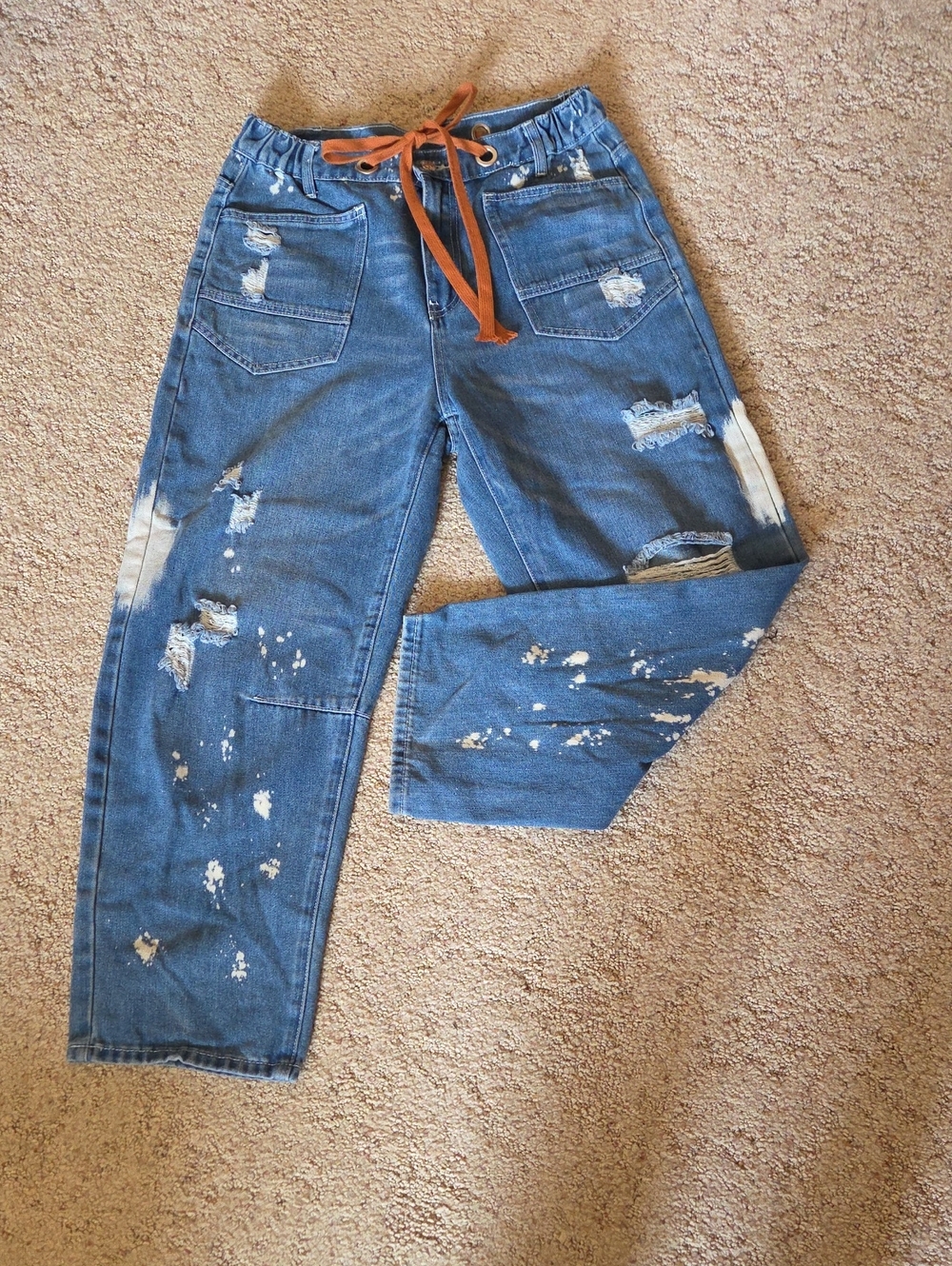 Distressed Blue Denim Paint-Splatter Barrel Leg Jeans with Brown Tie